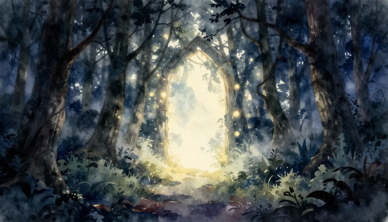 Watercolor style. A glowing portal in a misty forest, dividi...