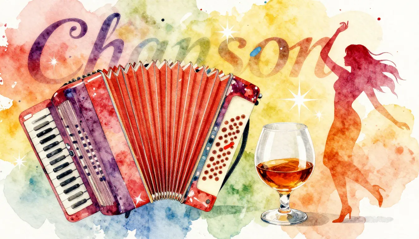 Vibrant watercolor style. Chanson album cover. Festive, joyf...