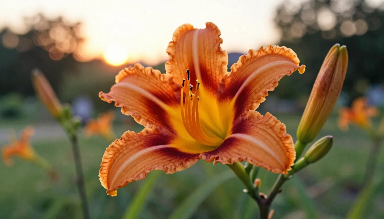 Watercolor style. Close-up of a vibrant daylily flower in a ...