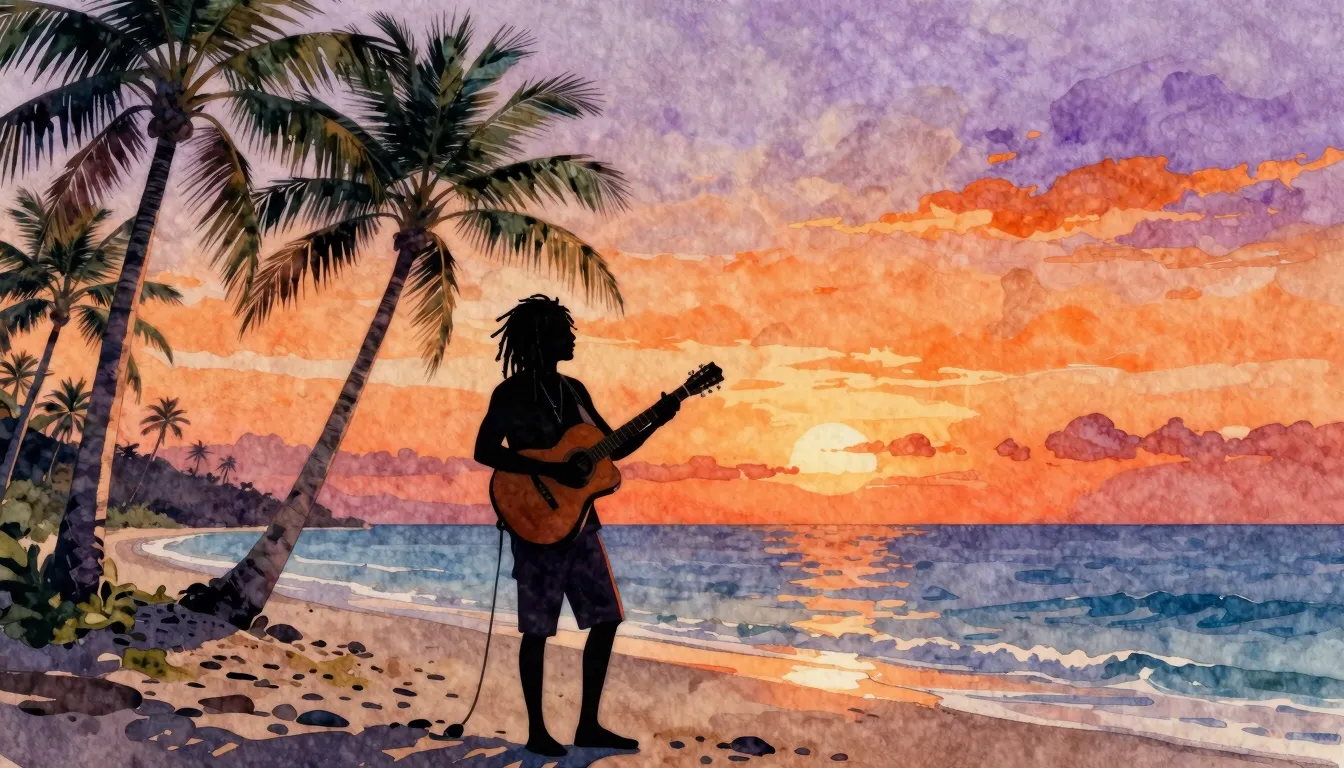 Watercolor style. A silhouette of a man with dreadlocks play...