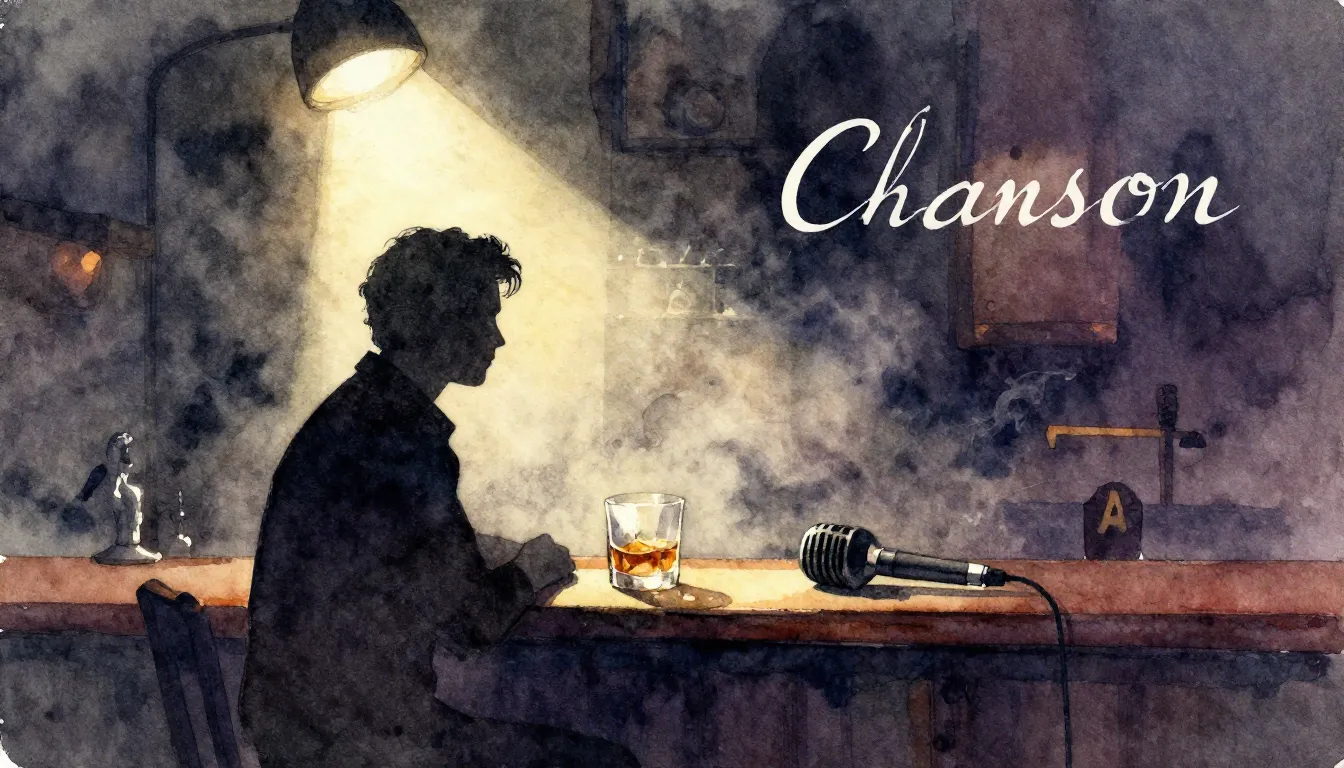 Vibrant watercolor style. Chanson album cover, melancholic, ...