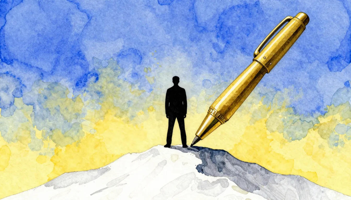 Watercolor style. Silhouette of a person standing on a mount...
