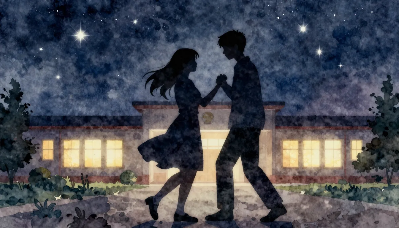 Watercolor style. Silhouette of two teenagers dancing under ...