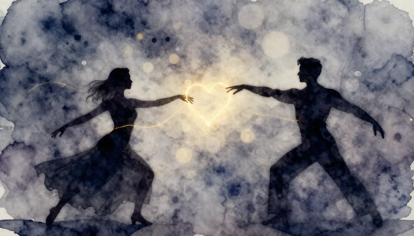 Watercolor style. Two dark silhouettes of dancers reaching f...