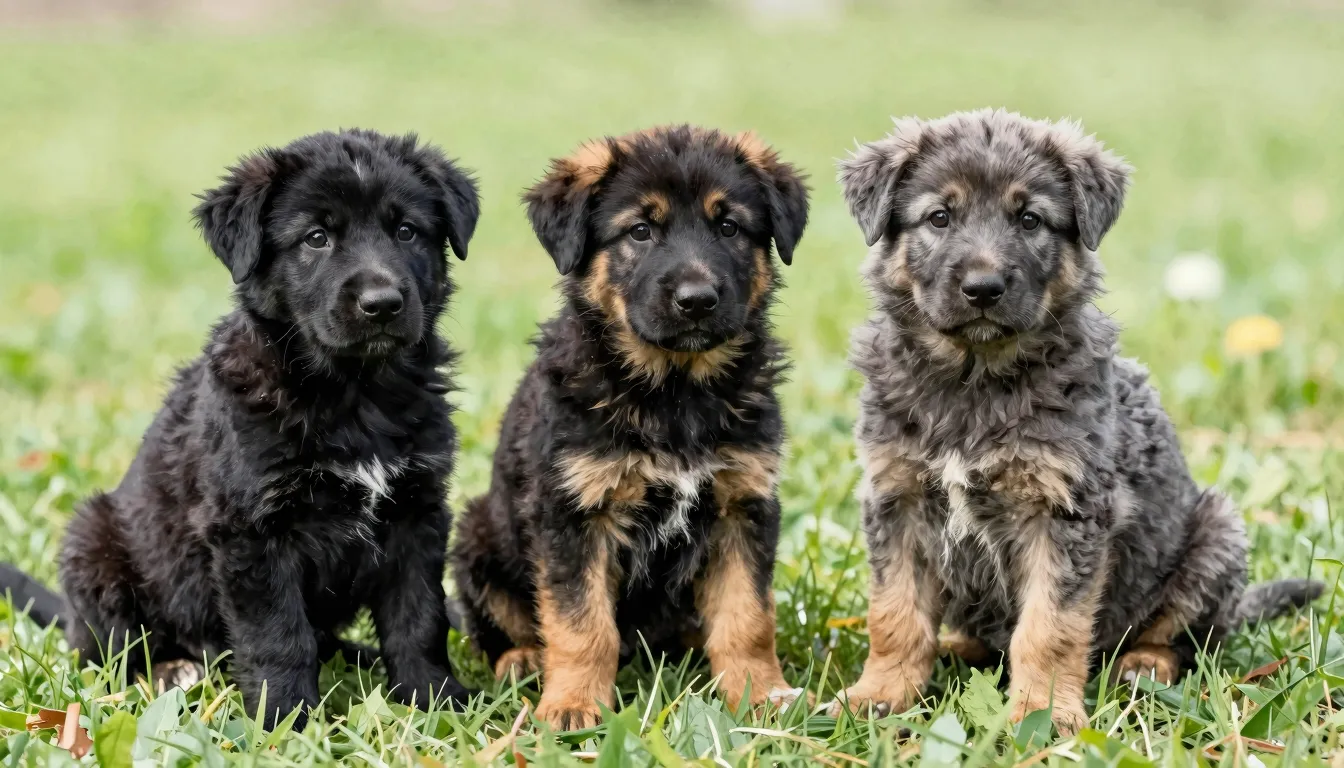 Watercolor style. Three cute East European Shepherd puppies ...
