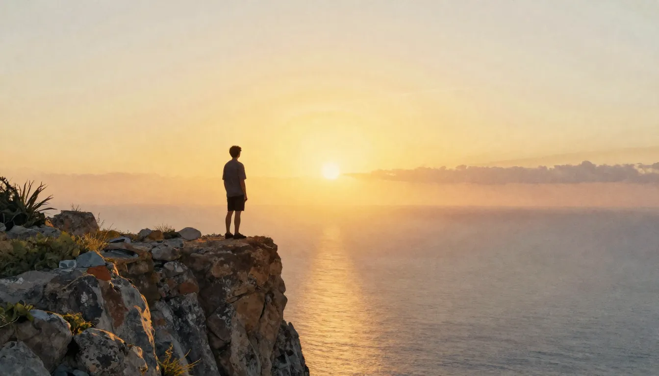 Watercolor style. A silhouette of a person standing on a hig...