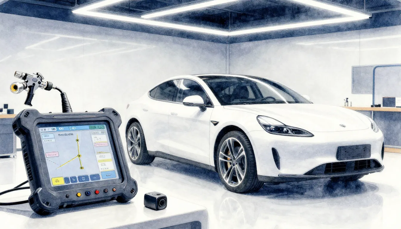 Watercolor style. A sleek car silhouette in a modern worksho...