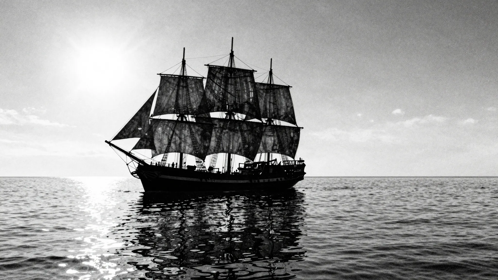 Watercolor style. A silhouette of an old sailing ship on a p...