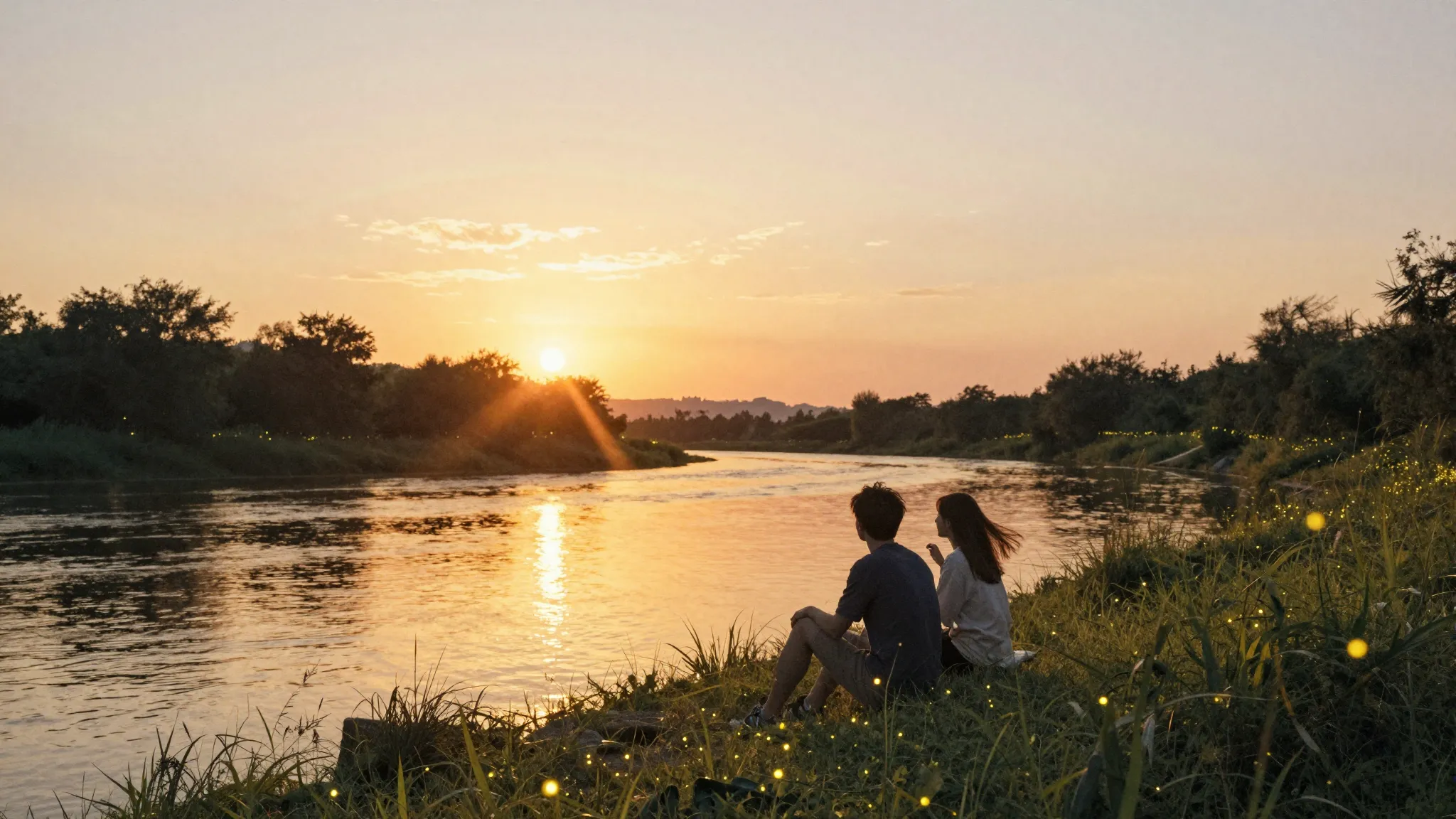 Watercolor style. Golden hour sunset over a calm river, silh...