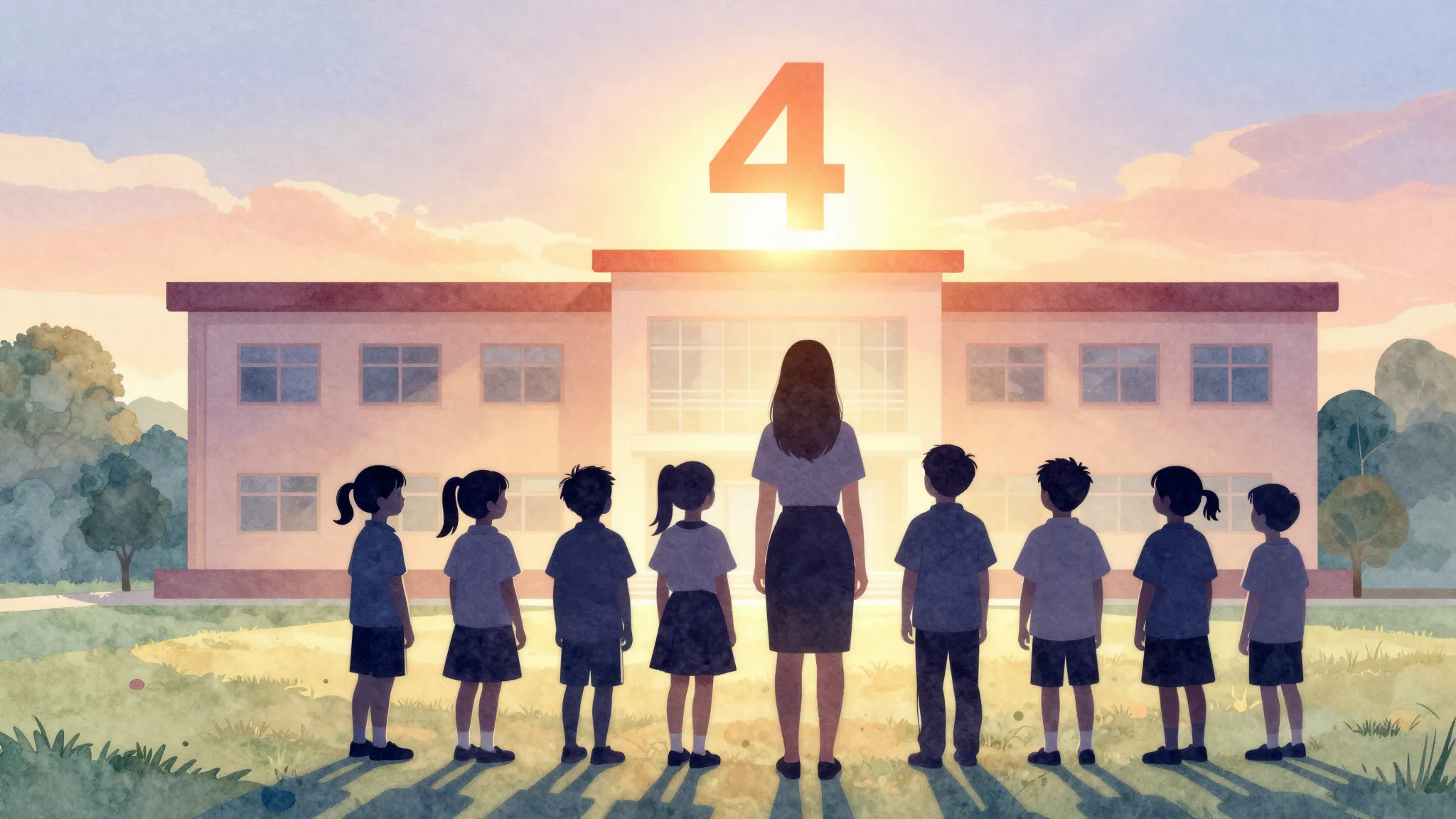 Watercolor style. Silhouettes of children and a teacher stan...