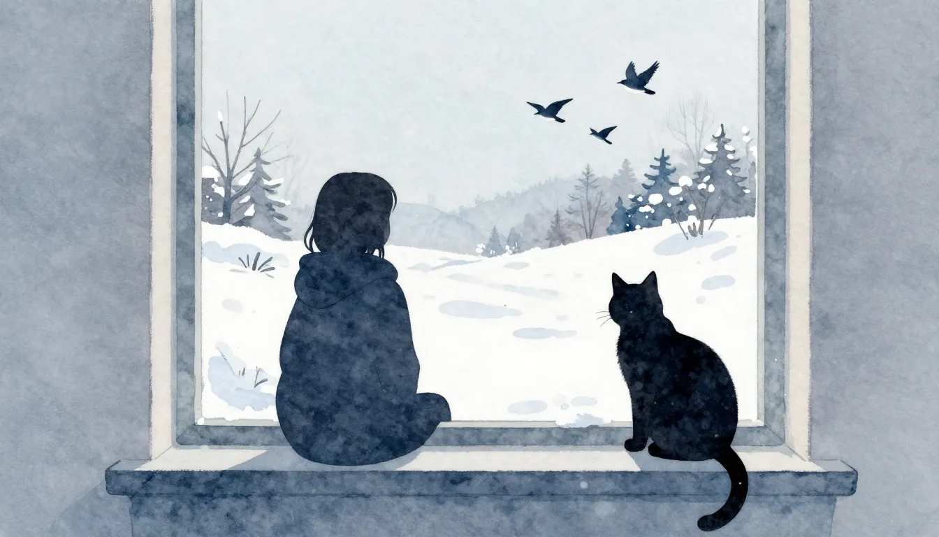 Watercolor style. Silhouette of a person and a cat on a wind...