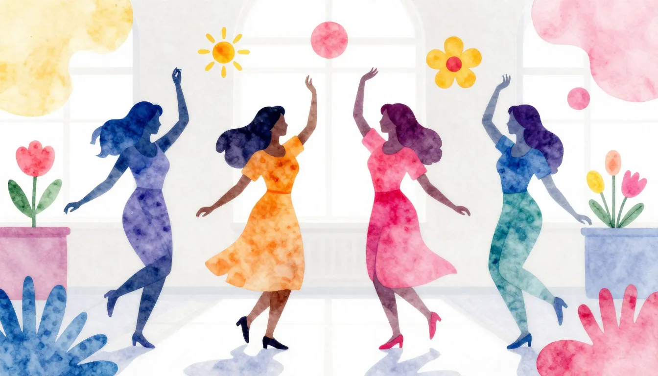 Watercolor style. Silhouettes of happy women dancing in a br...