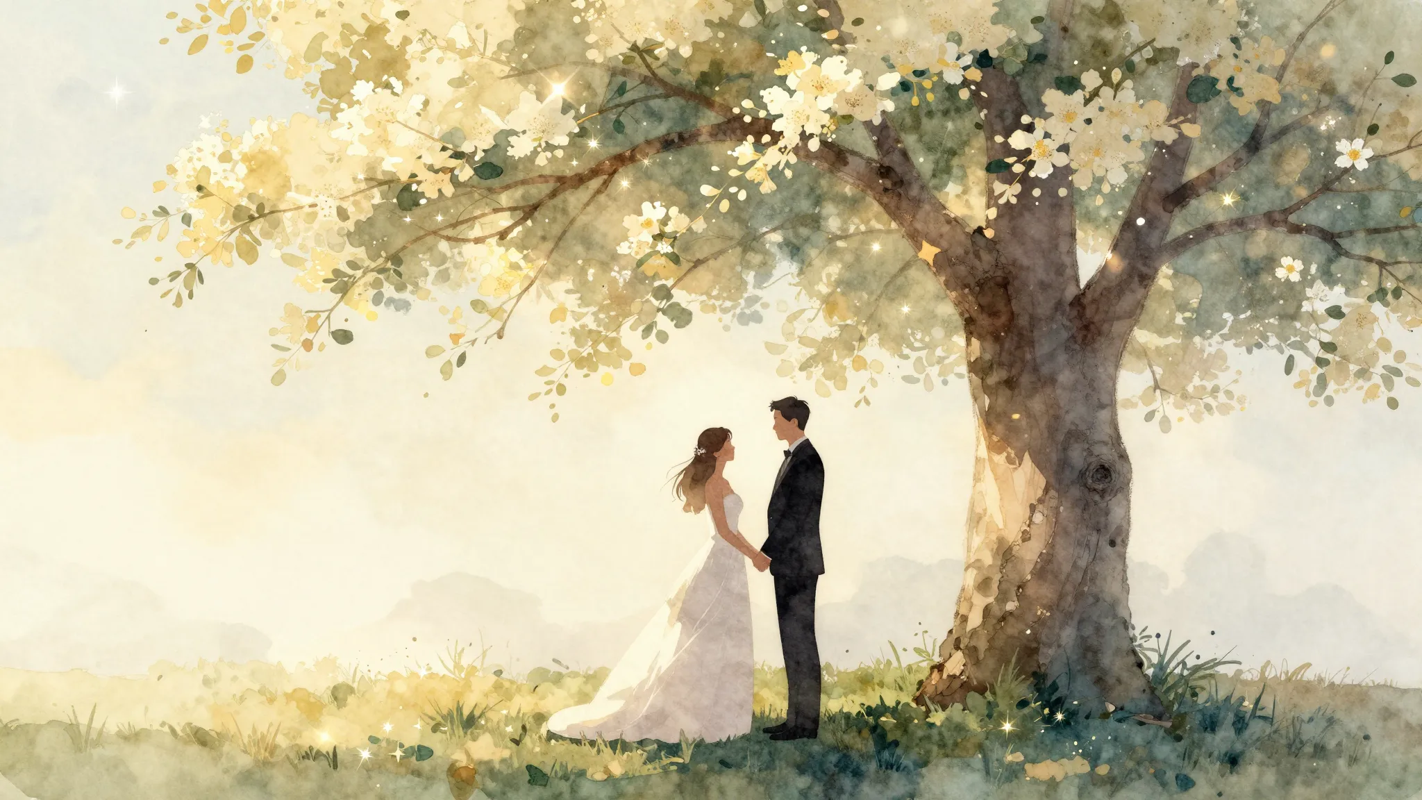 Watercolor style. Silhouettes of a bride and groom standing ...