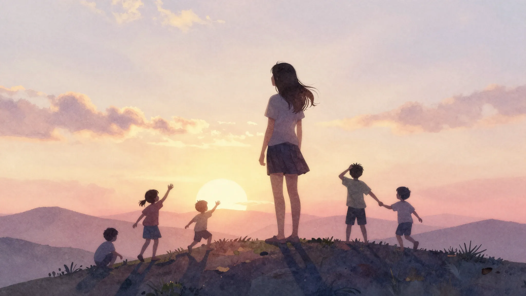 Watercolor style. A silhouette of a woman stands on a hill, ...