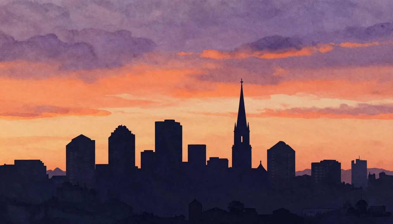 Watercolor style. Silhouette of a modern city skyline with a...