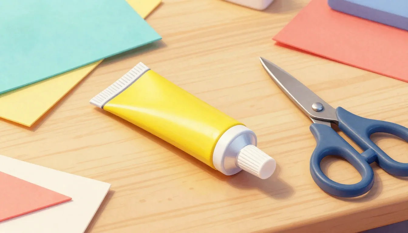 Watercolor style. A yellow glue tube lying on a wooden desk ...