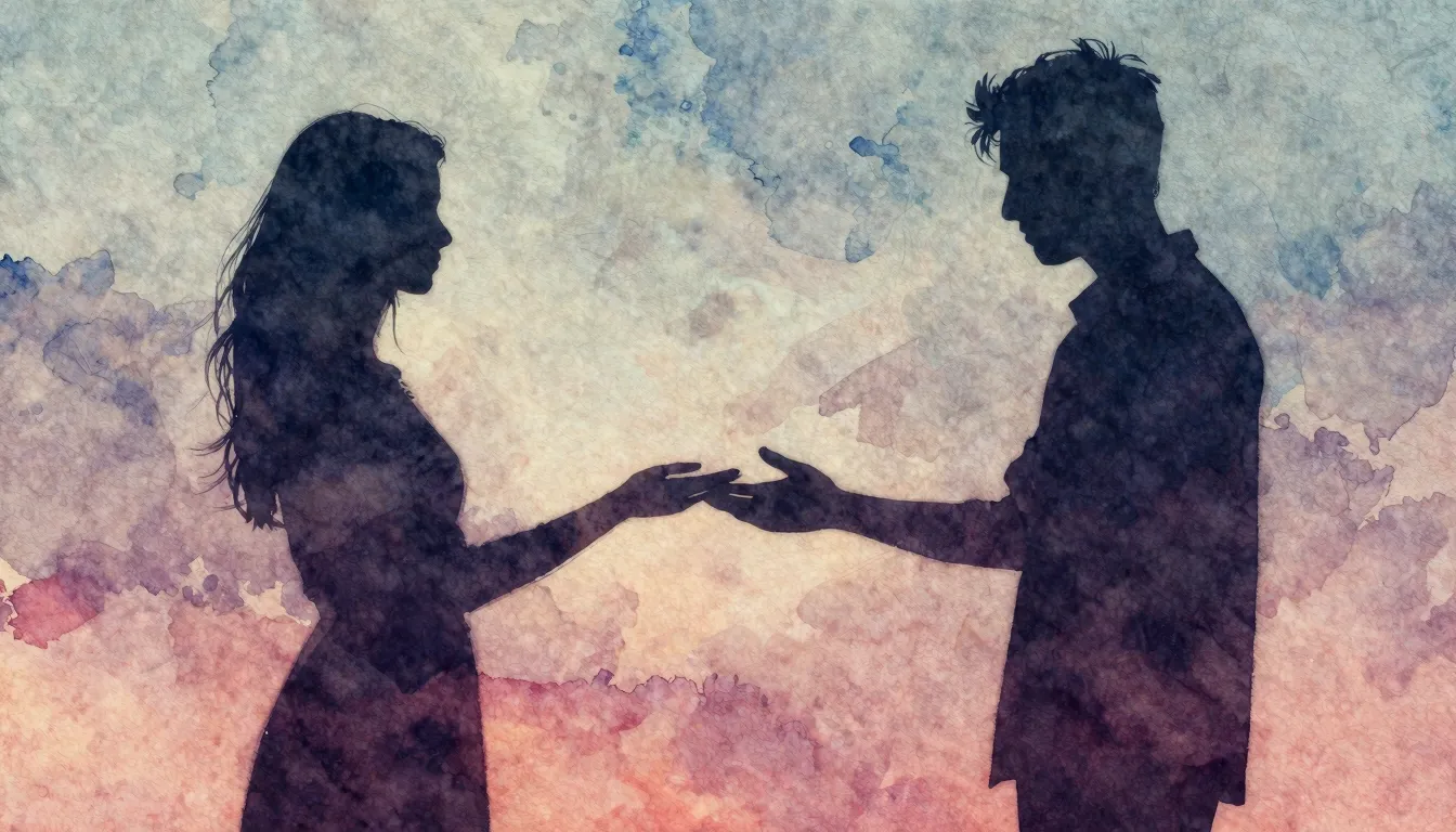 Vibrant watercolor style. Ballad album cover: two silhouette...
