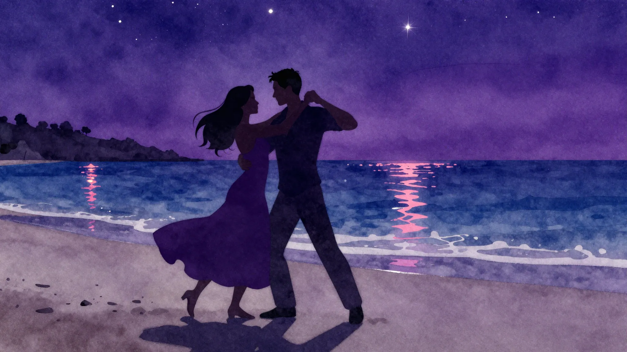 Watercolor style. Silhouette of a couple dancing on a beach ...