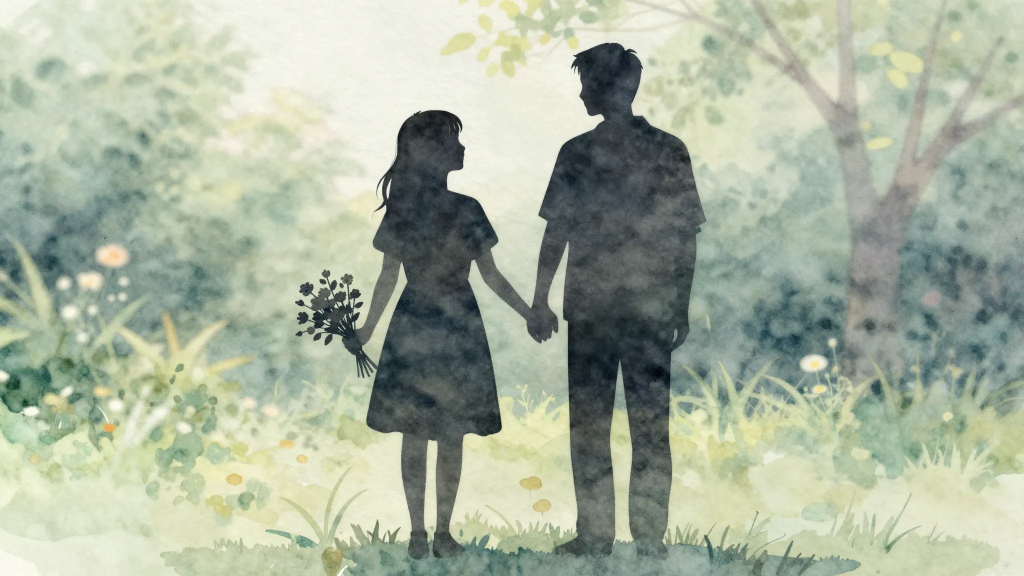 Watercolor style. Silhouette of a small girl holding a bouqu...