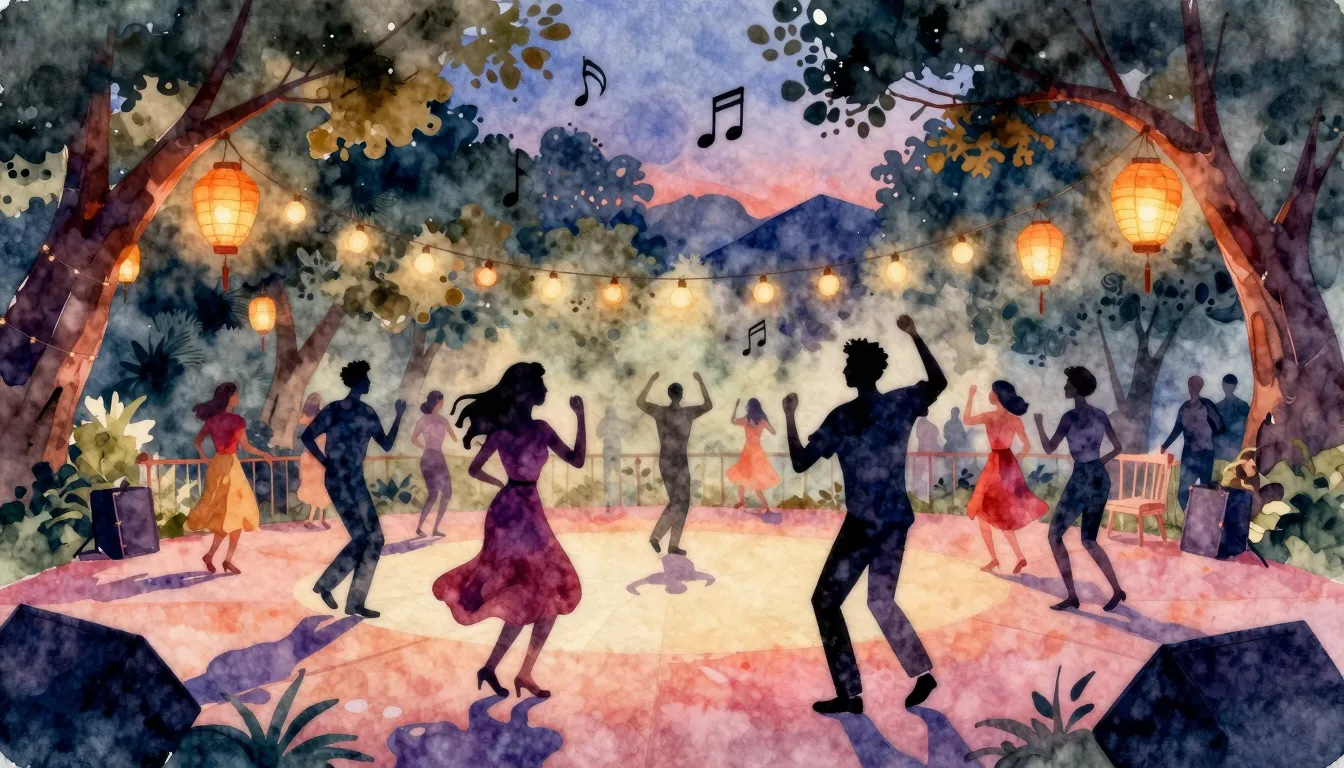 Watercolor style. A vibrant, colorful dance floor in a park ...