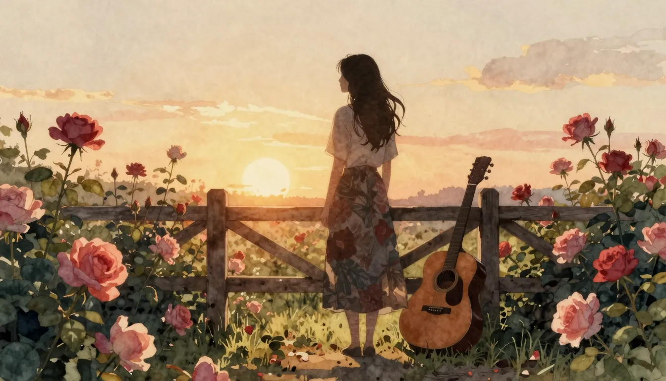 Watercolor style. A silhouette of a woman standing in a gard...