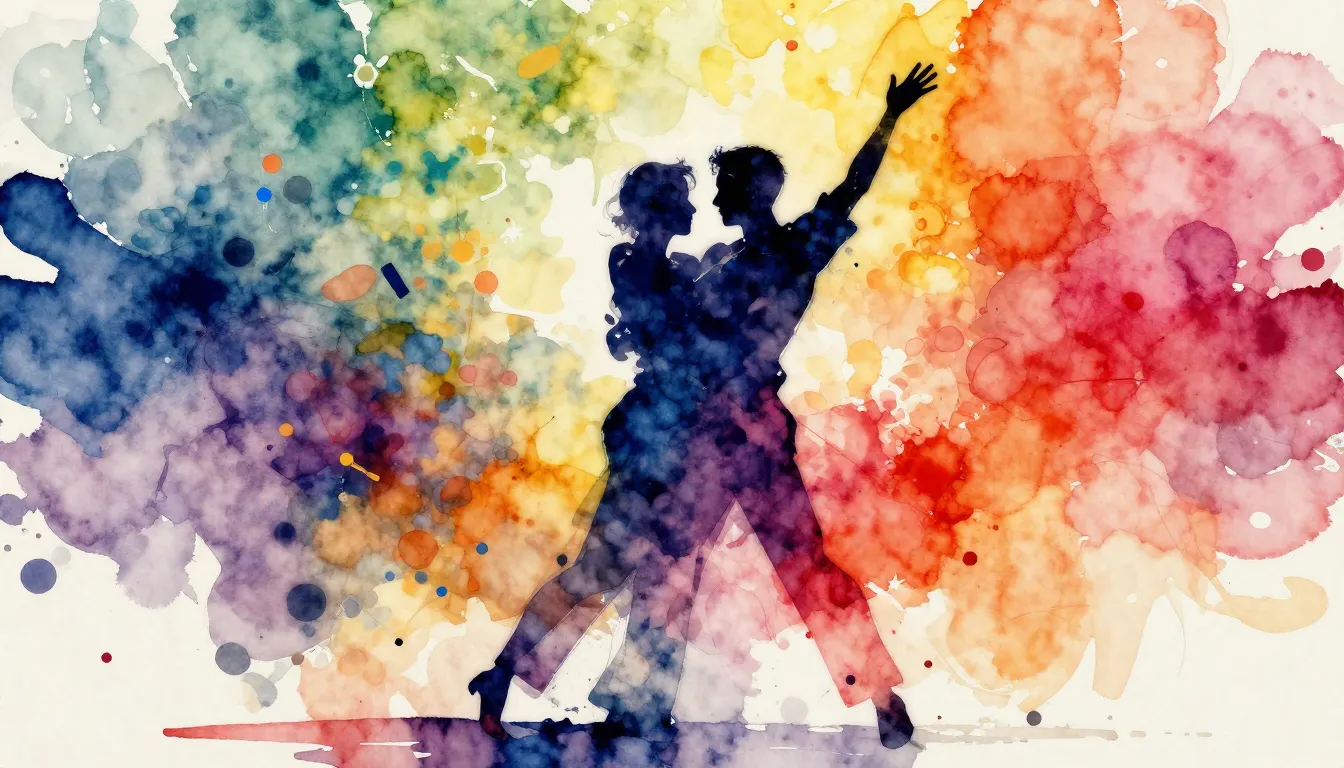 Vibrant watercolor style. Dance song cover: festive, vibrant...