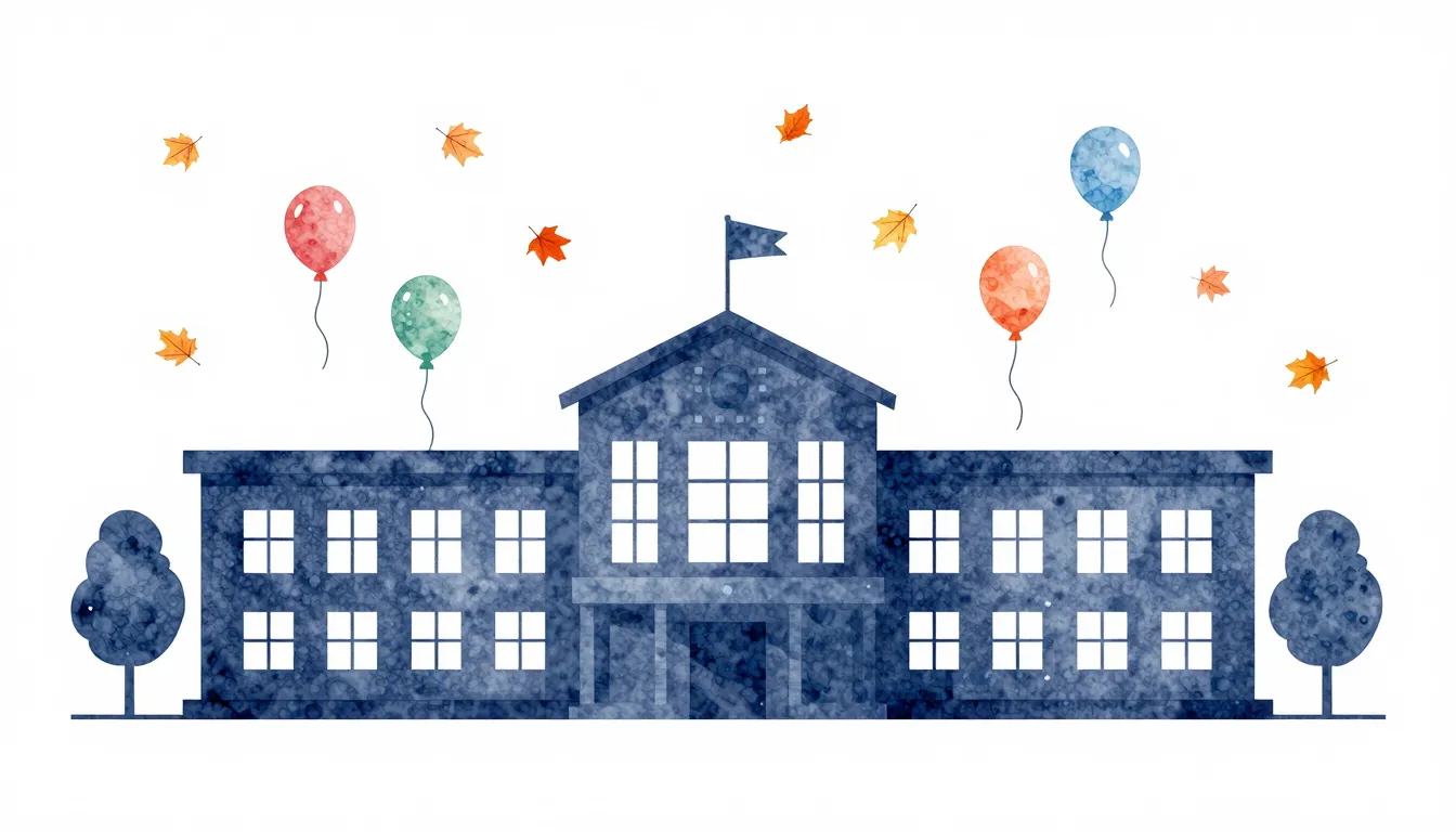 Watercolor style. Silhouette of a school building decorated ...
