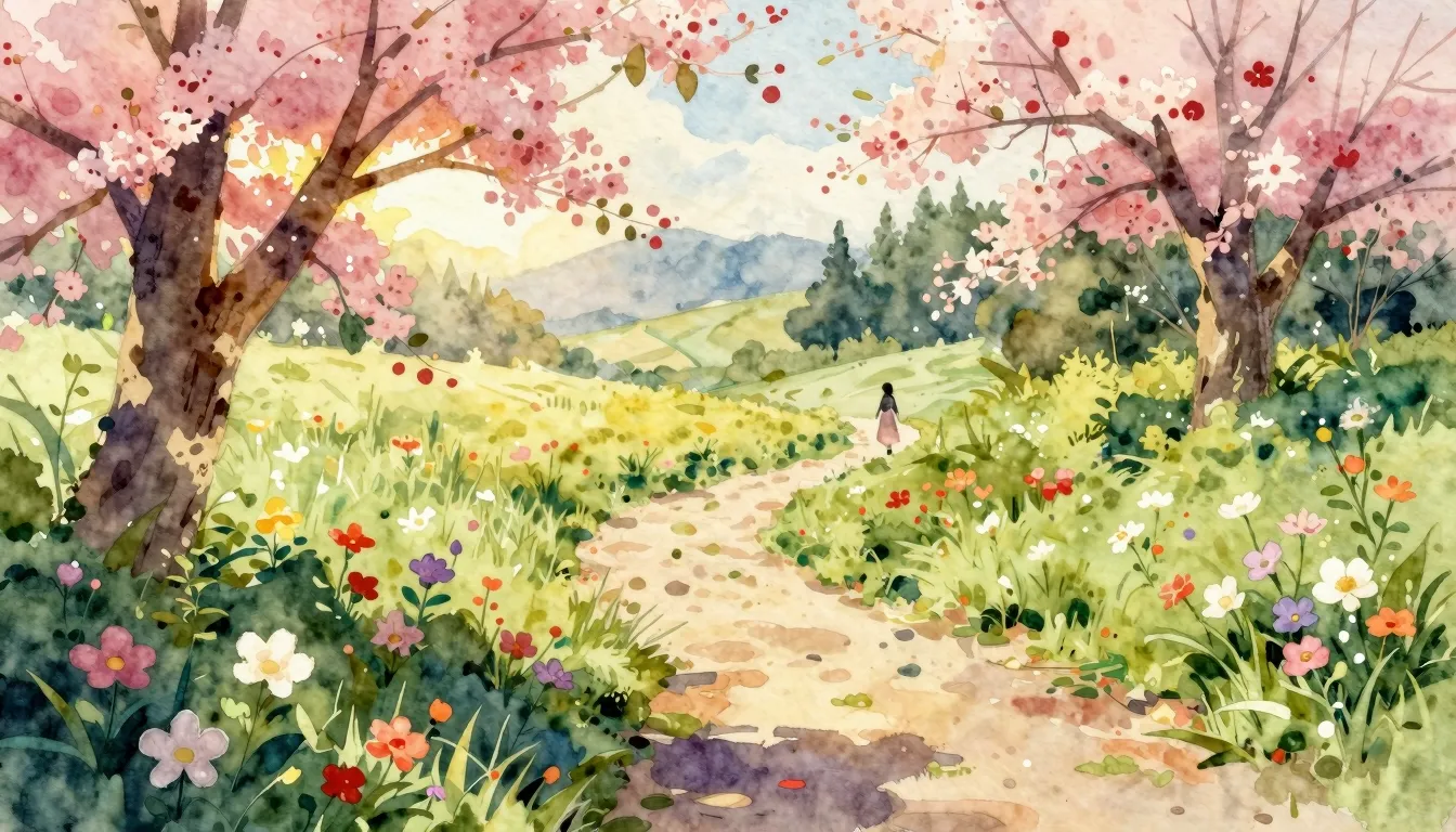 Vibrant watercolor style. Folk song album cover: serene, sec...