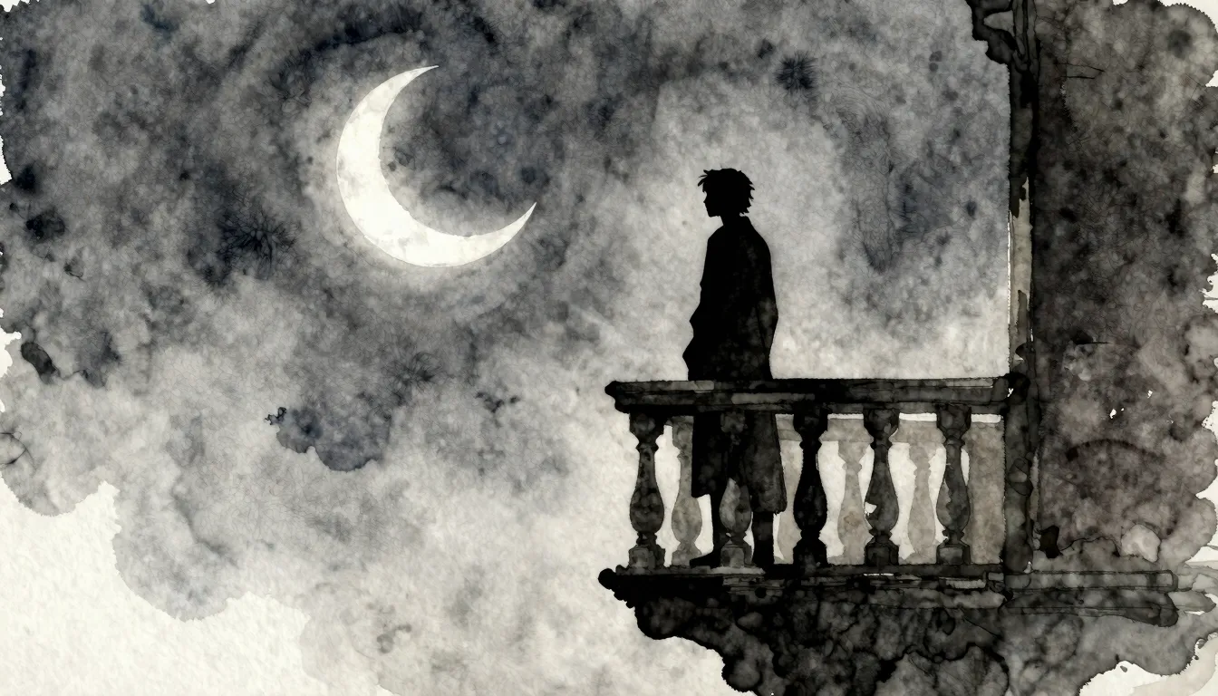 Watercolor style. A dark silhouette of a lonely figure stand...