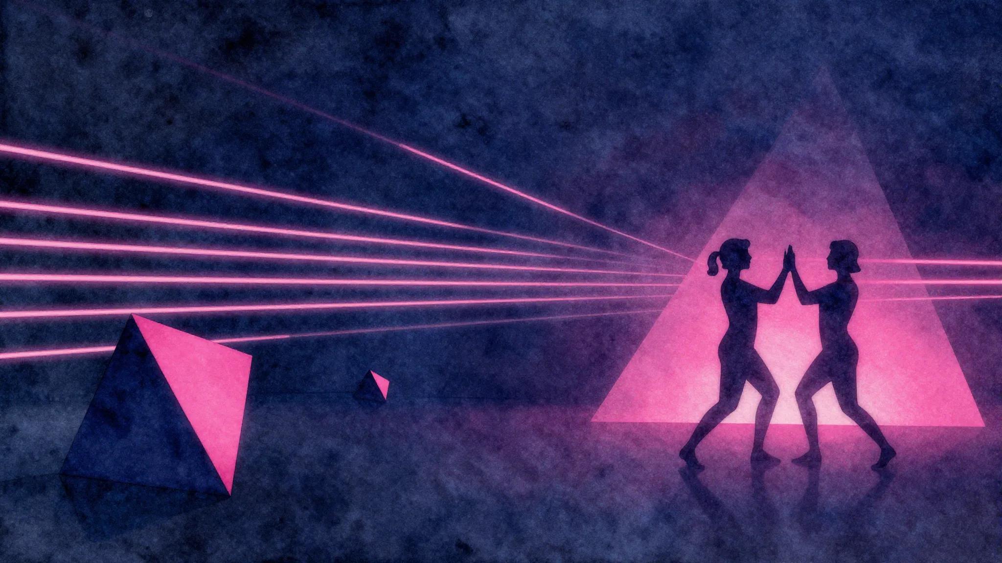 Watercolor style. Abstract neon lines in a dark space, silho...
