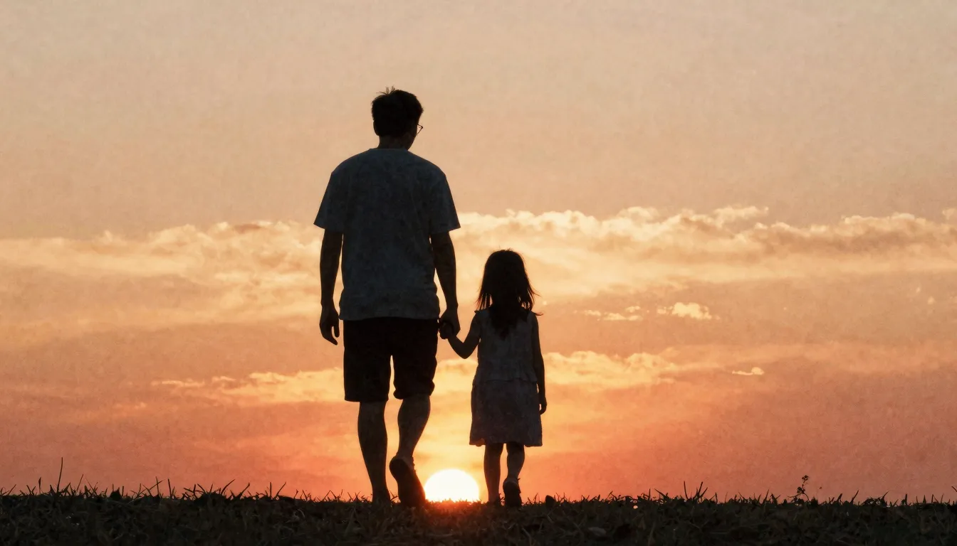 Watercolor style. Silhouette of a father and a grown daughte...