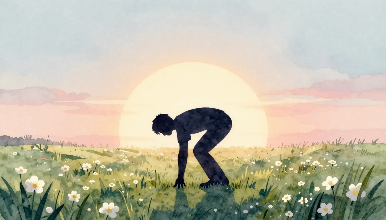 Watercolor style. A dark silhouette of a person at the start...