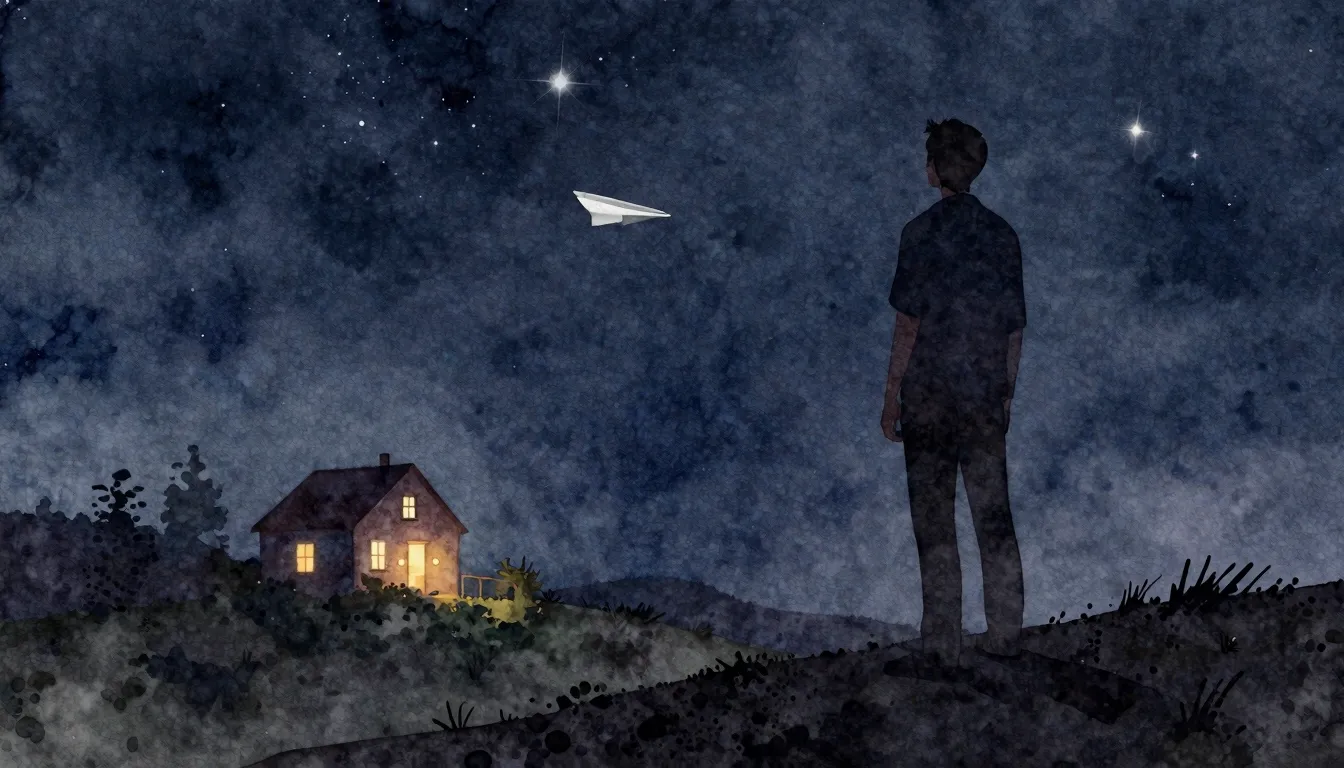 Watercolor style. A silhouette of a man stands on a hill, lo...