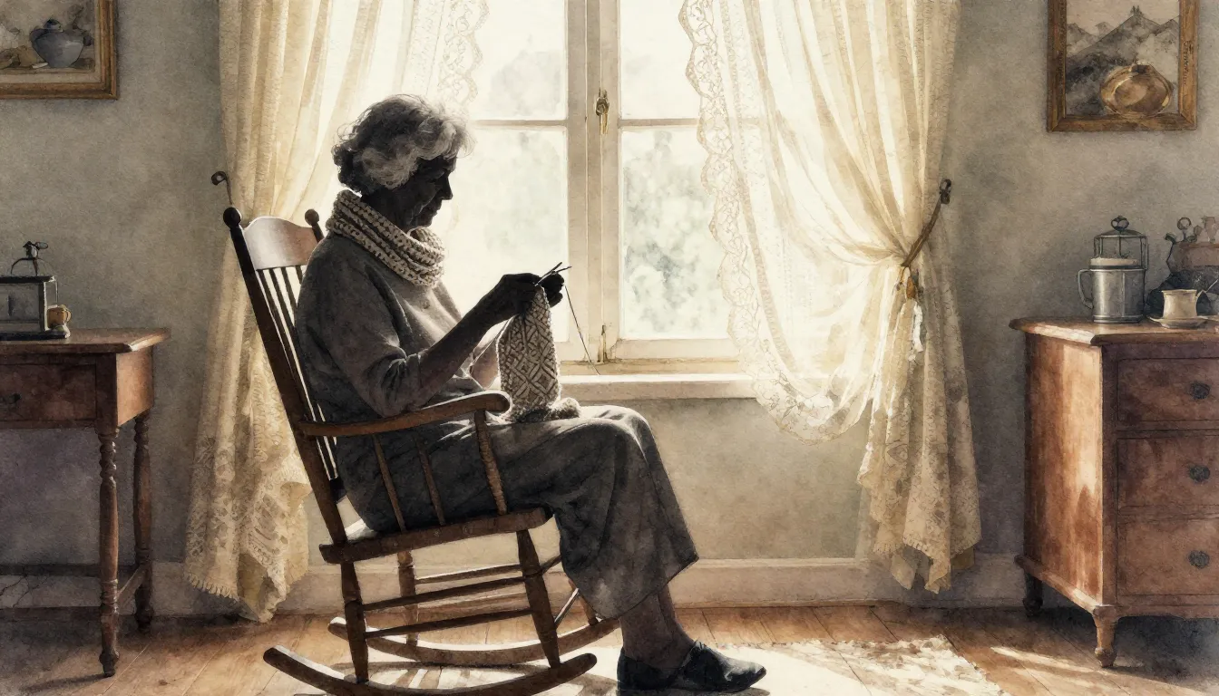 Watercolor style. Silhouette of an elderly woman sitting in ...