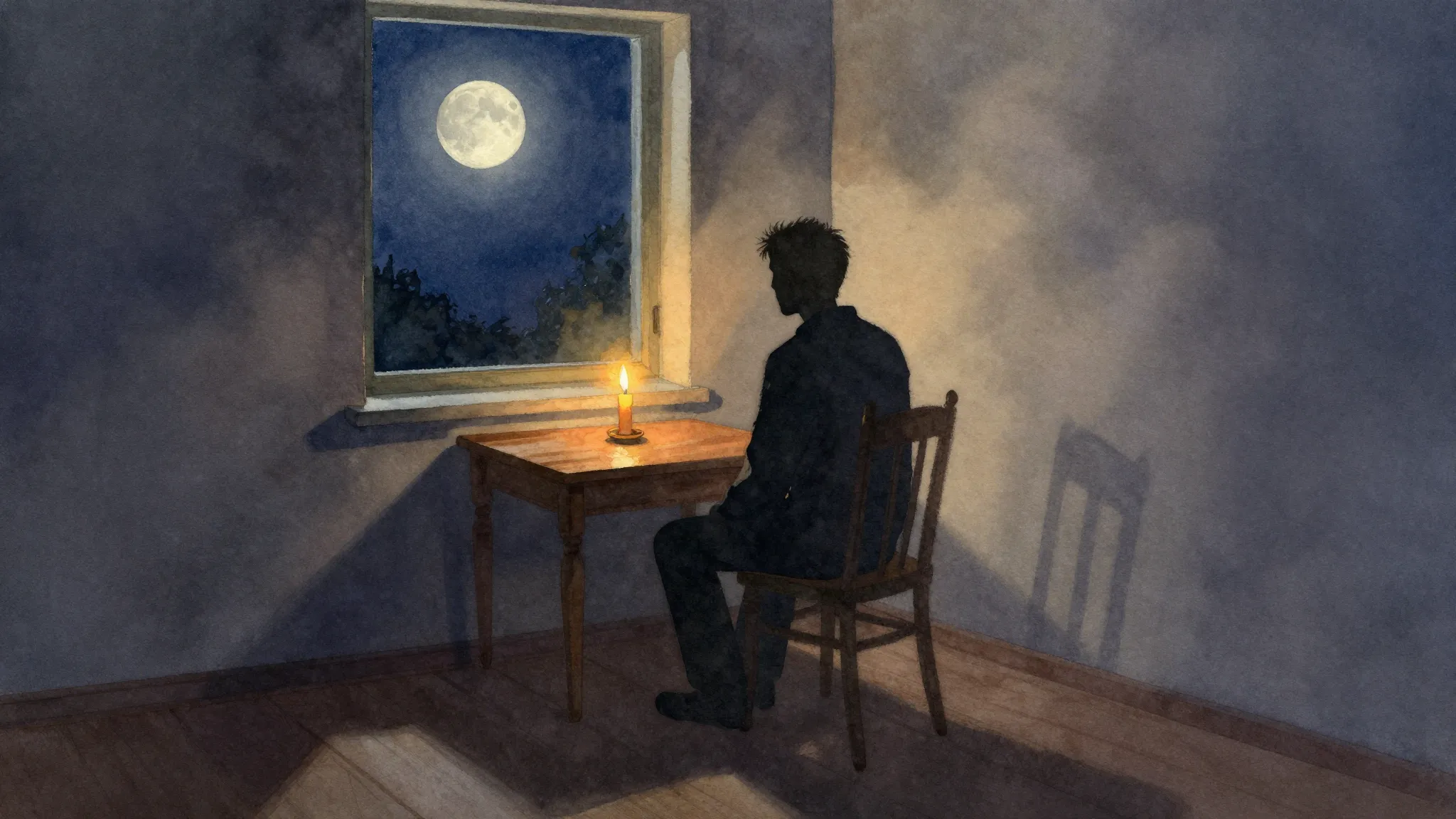 Watercolor style. A lonely silhouette of a man sitting by a ...