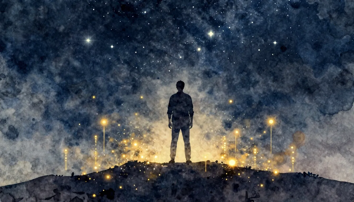 Watercolor style. A stylized digital silhouette of a man sta...