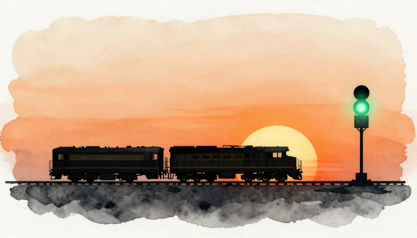 Watercolor style. A silhouette of a vintage train moving tow...