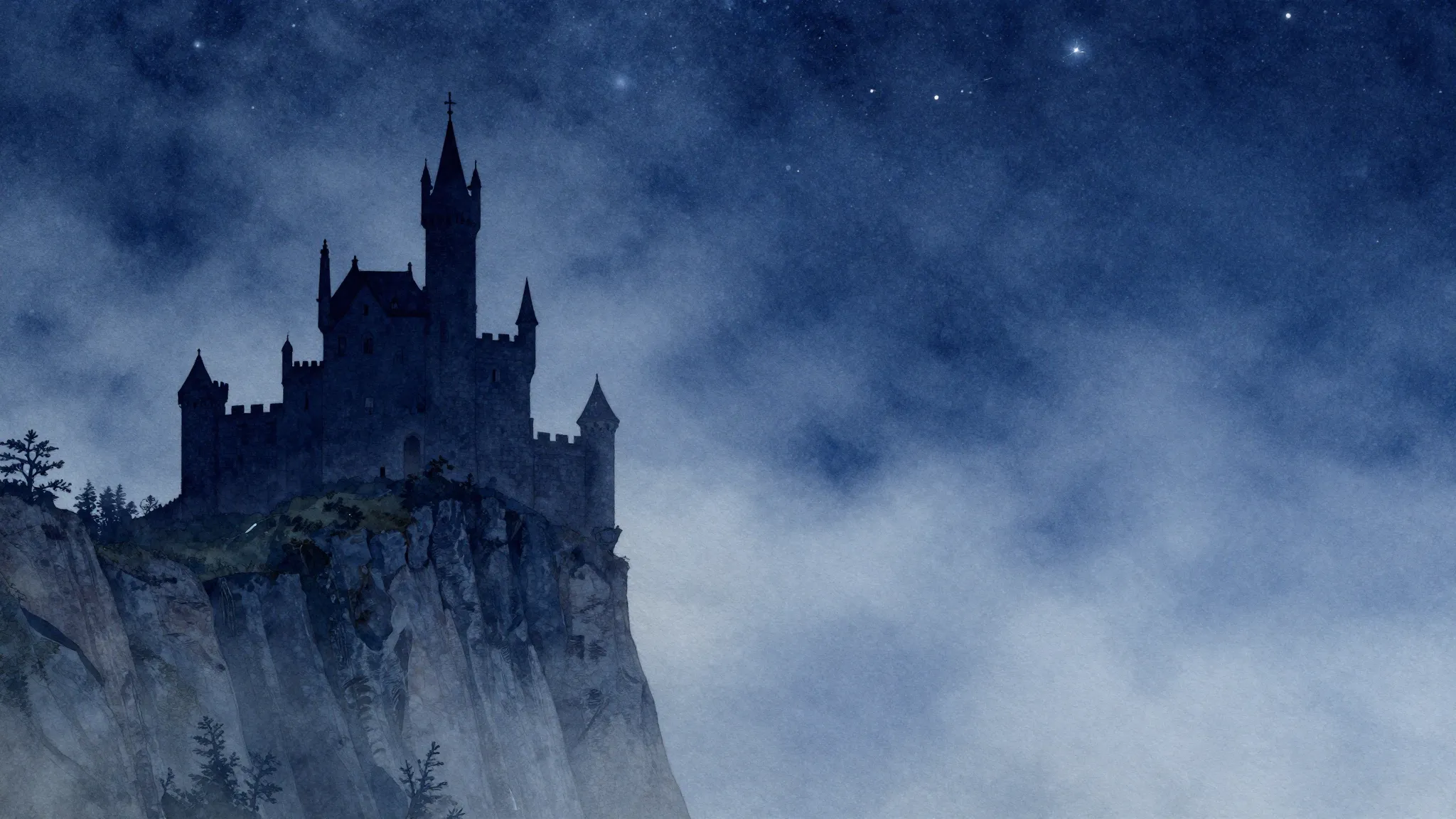 Watercolor style. Silhouette of a lonely castle on a high cl...