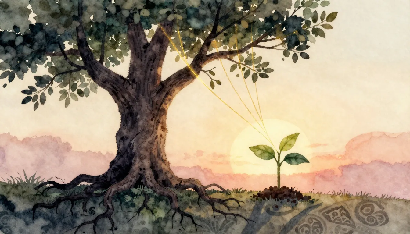 Watercolor style. A silhouette of an old gnarled tree with d...