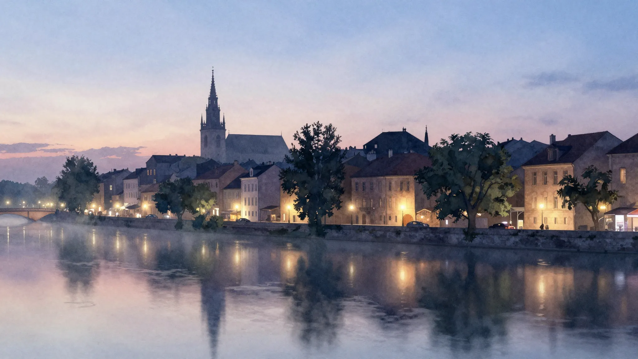 Watercolor style. A serene cityscape reflecting in a calm ri...