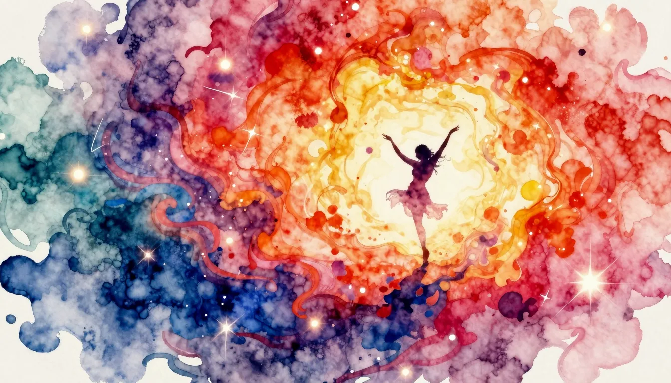 Watercolor style. Abstract vibrant energy, swirling bright c...