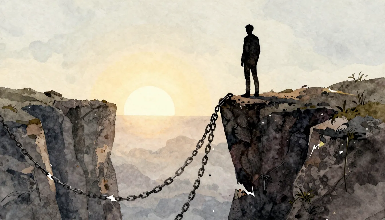 Watercolor style. A dark silhouette of a person standing on ...
