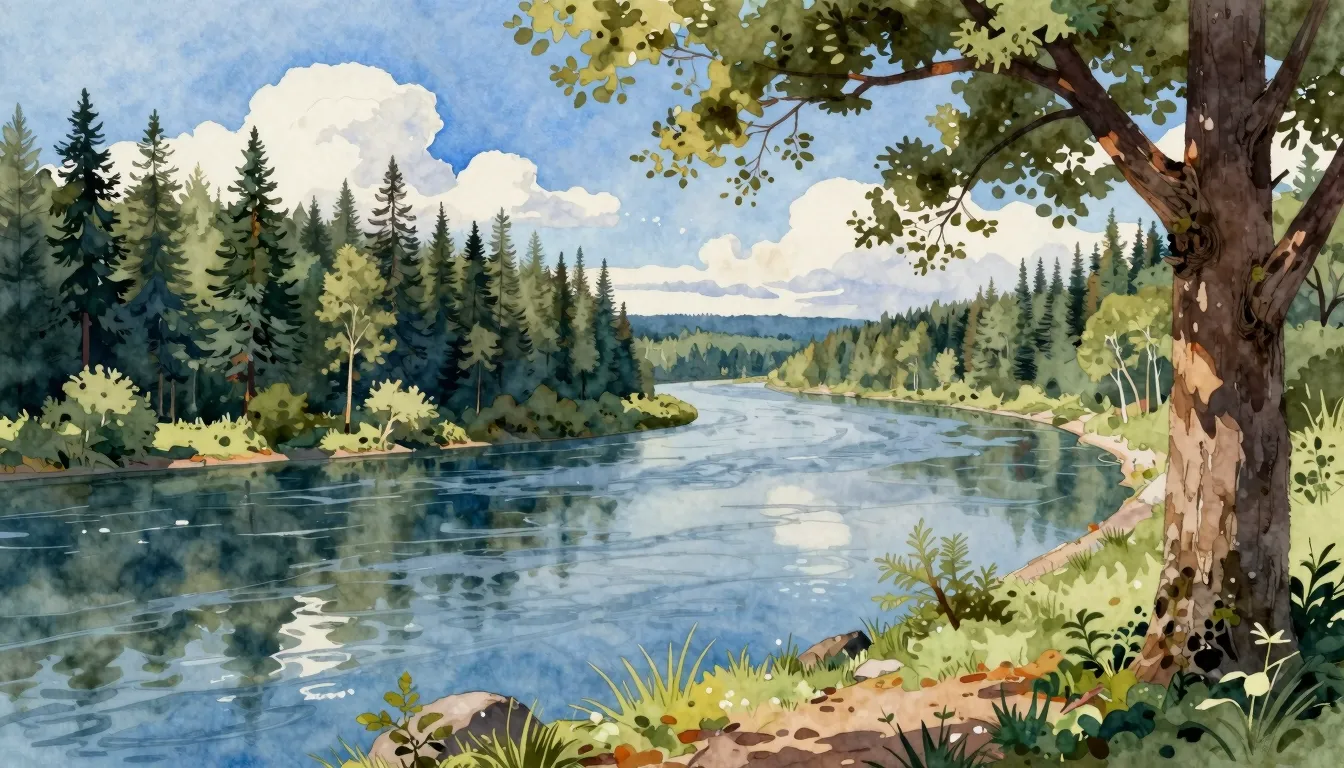 Watercolor style. Scenic view from a high river bank, wide b...