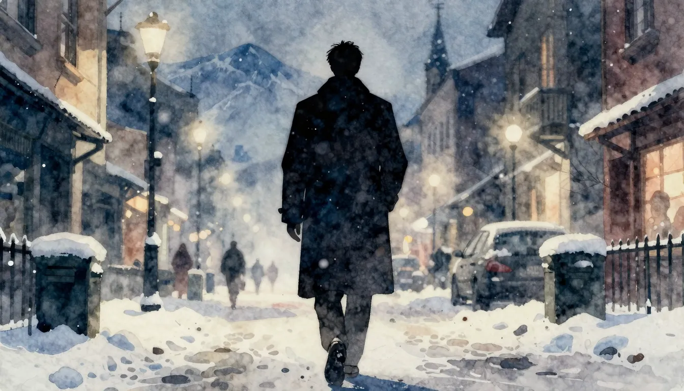 Watercolor style. A dark silhouette of a tall man in a long ...