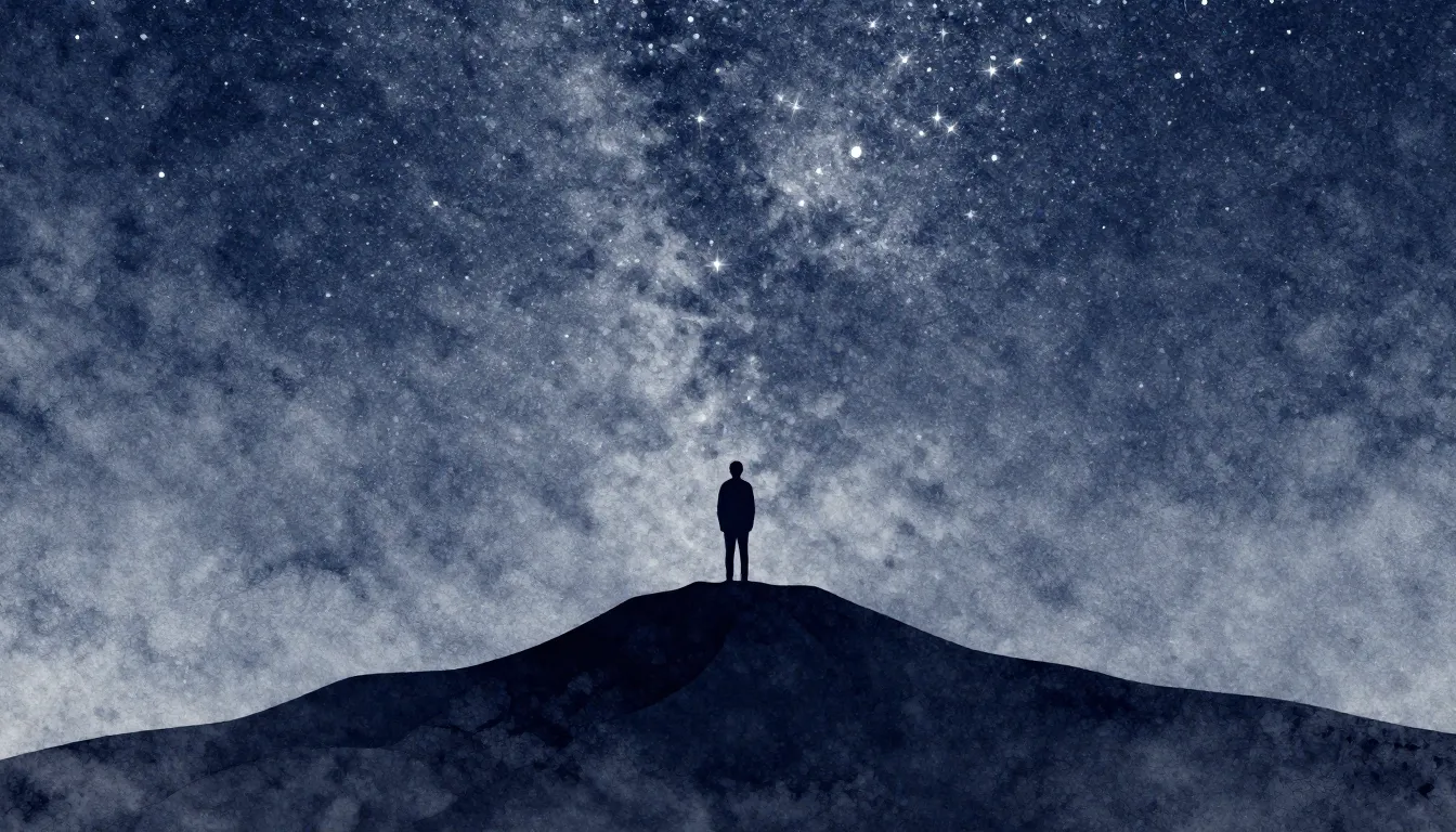 Watercolor style. Silhouette of a person standing on a mount...