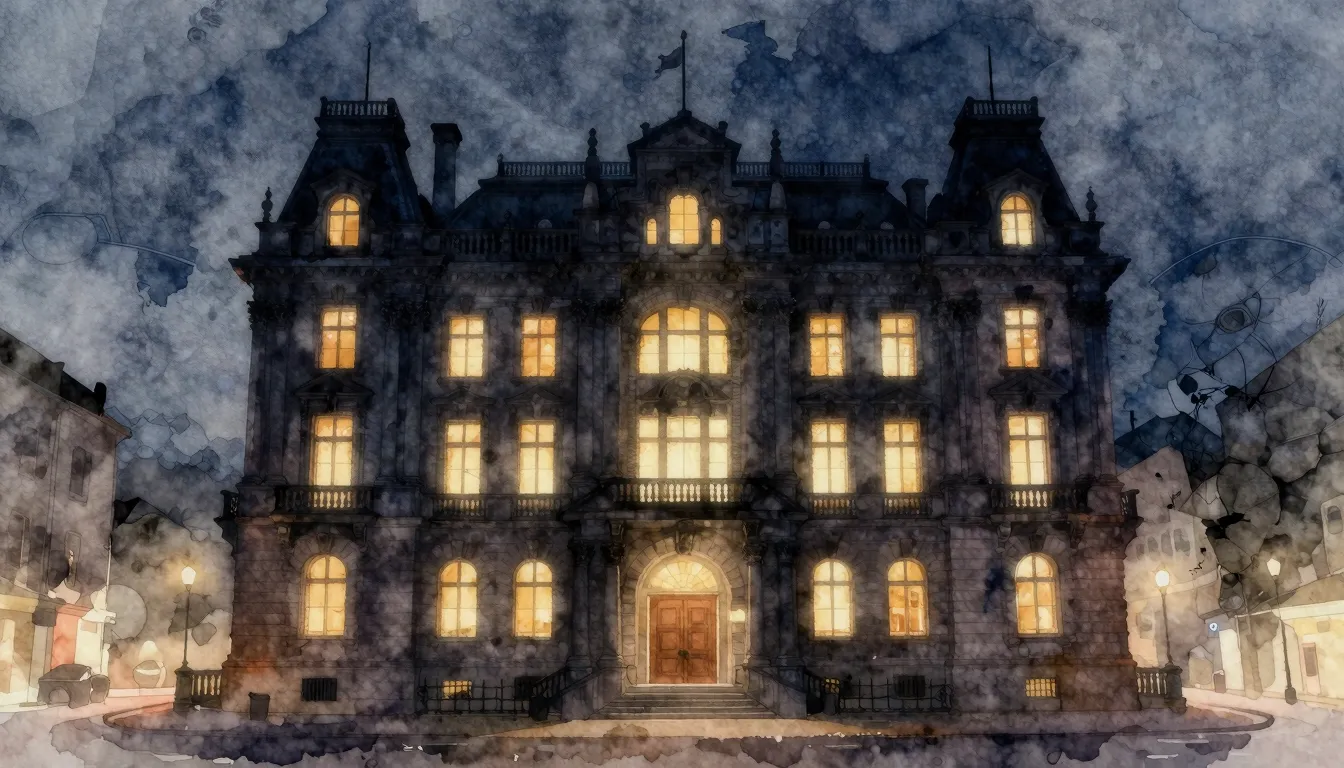 Watercolor style. Dark silhouette of a grand classic buildin...