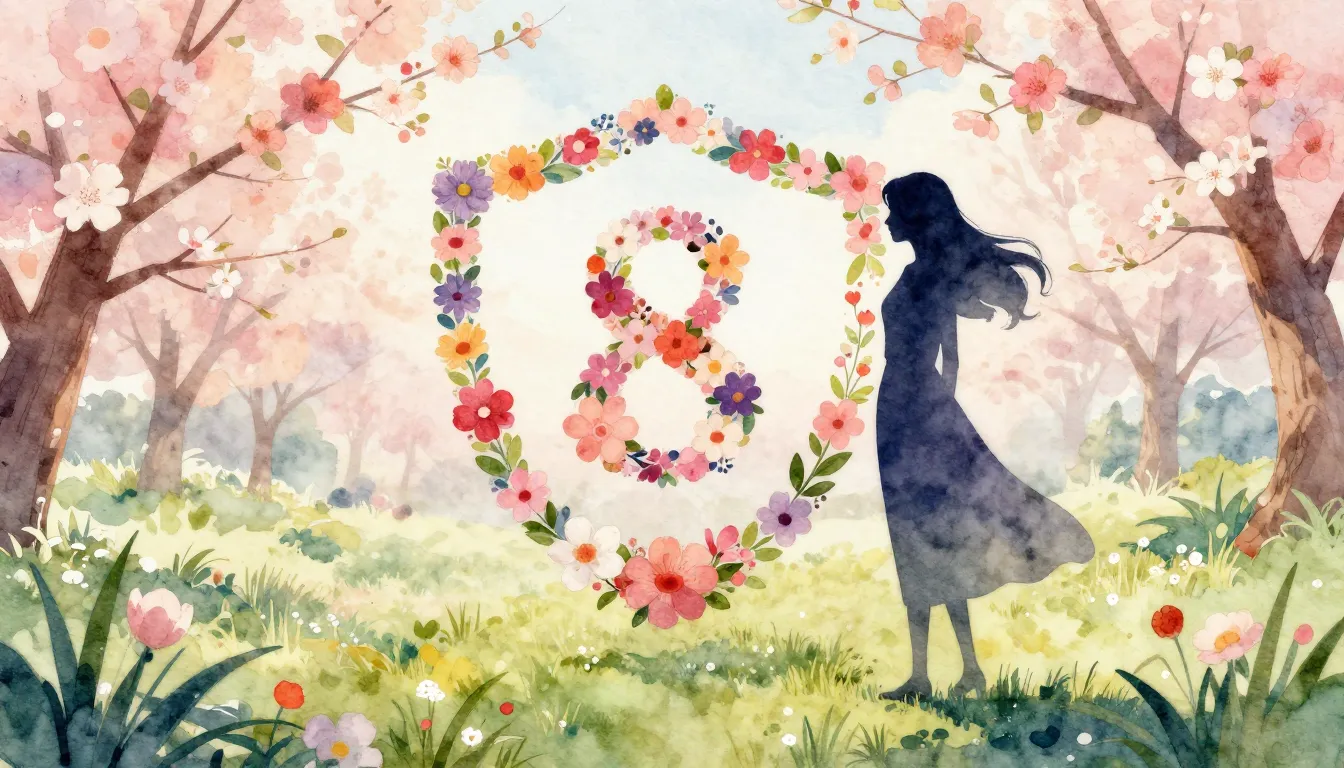 Watercolor style. A silhouette of a woman standing in a bloo...