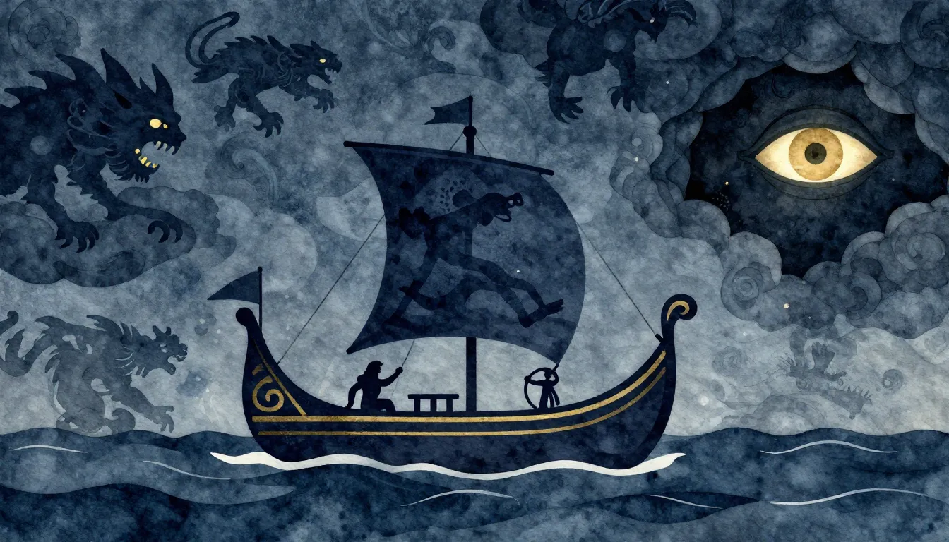 Watercolor style. Ancient Greek ship sailing on stormy sea, ...