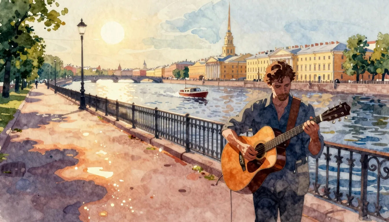 Vibrant watercolor style. Acoustic folk rock. Summer in St. ...