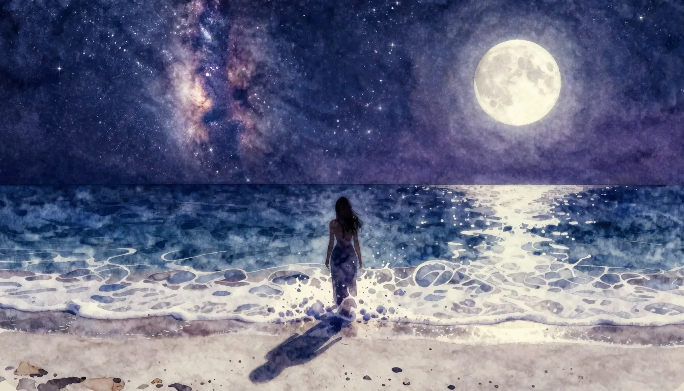 Watercolor style. A silhouette of a woman emerges from the s...